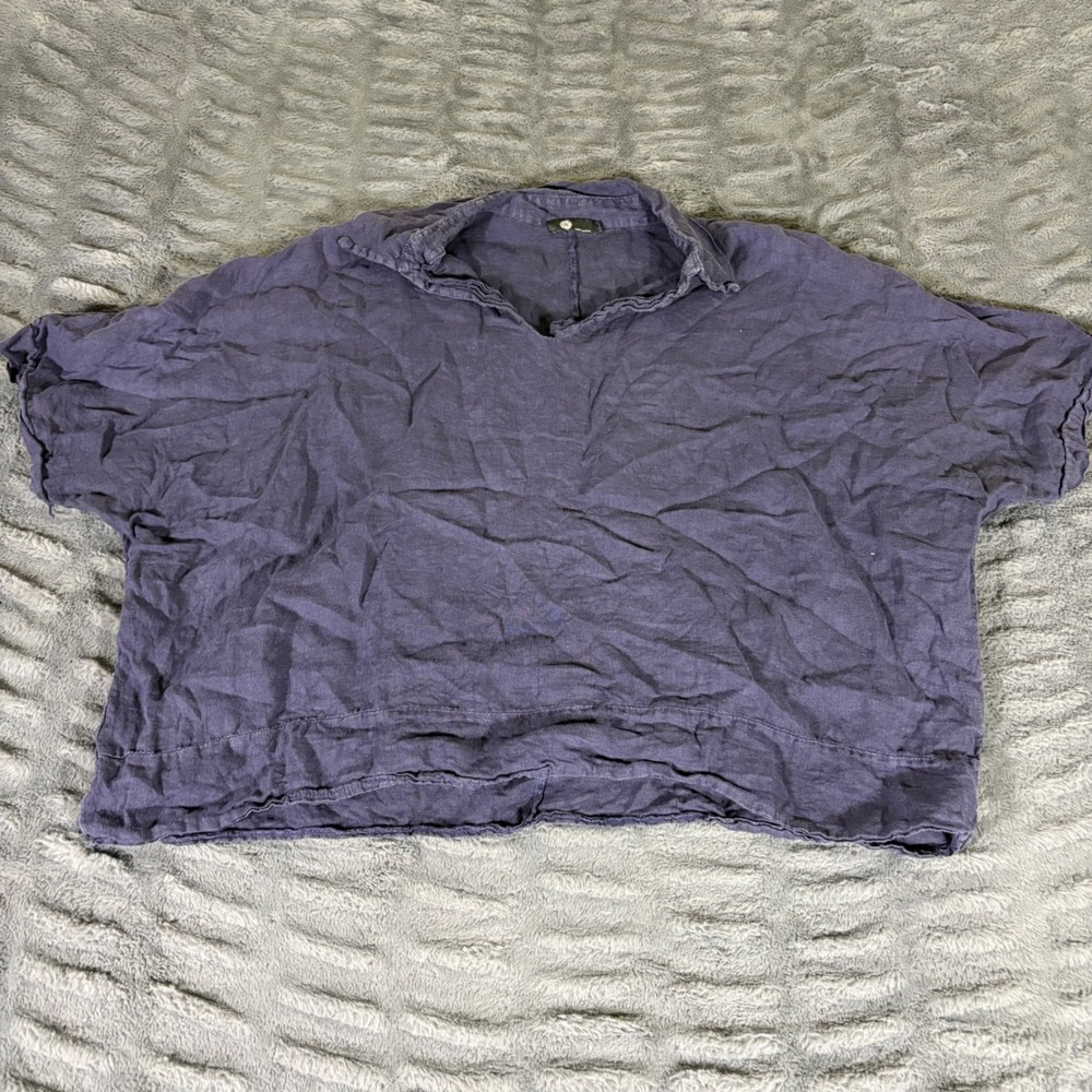 M Made in Italy Linen Oversized Boxy Top Purple V-Neck Short Sleeve Large